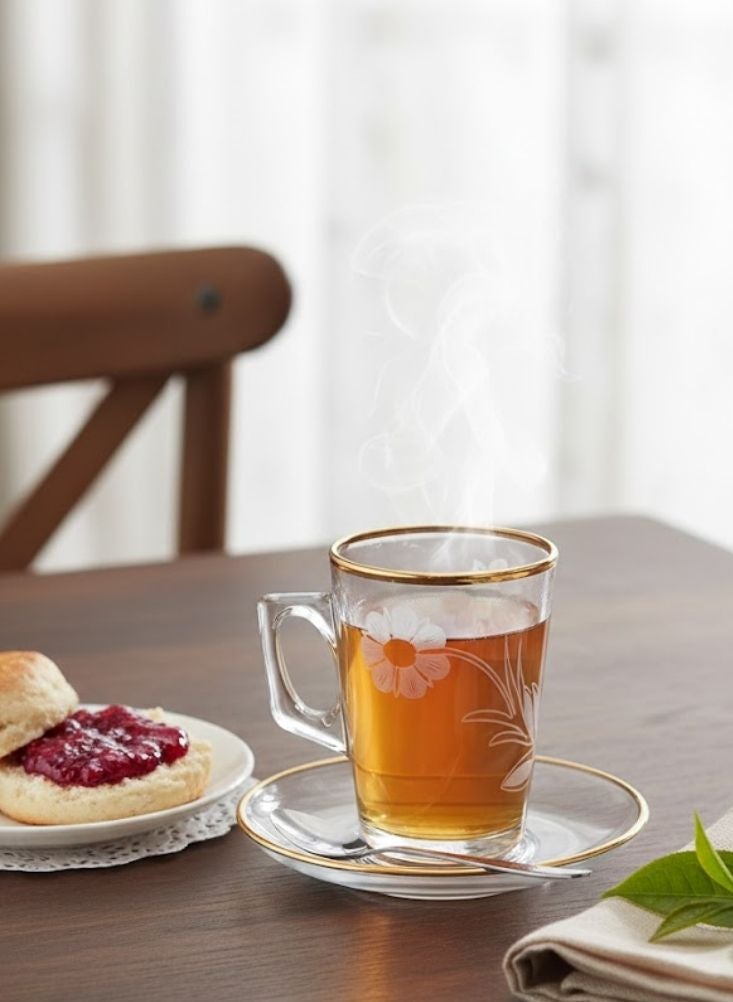 بريميم طقم أكواب شاي زجاجية مزخرفة بنقوش زهرية مع صحون مكوّن من ست قطع - Image 2